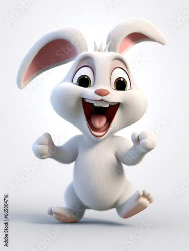 A 3D Cartoon Rabbit Laughing and Happy on a Solid Background