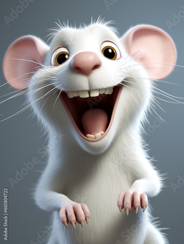 A 3D Cartoon Rat Laughing and Happy on a Solid Background