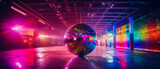 Illustration of a Vibrant nightclub interior with a reflective disco ball, illuminated walls showcasing spectrum colors, and neon-lit atmosphere. Rave culture
