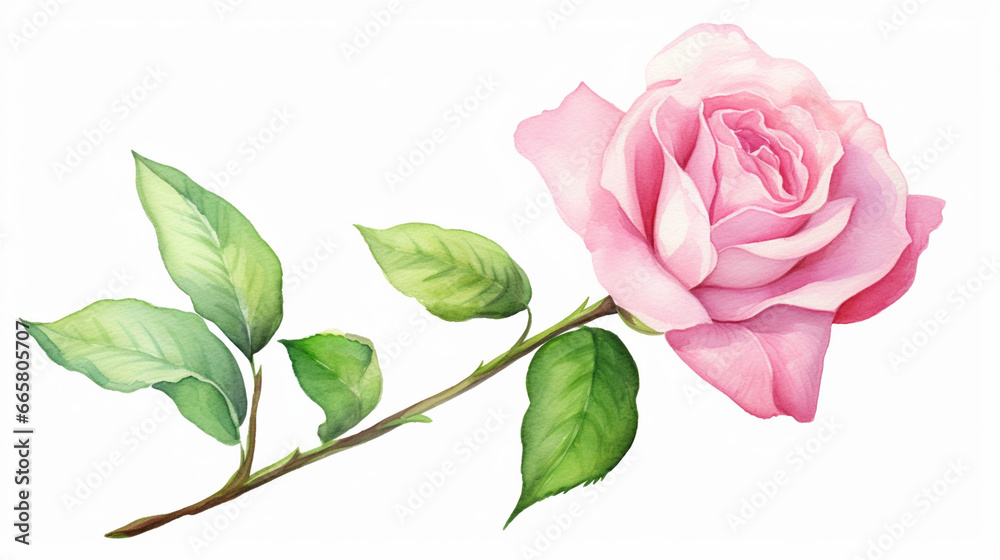 Obraz premium Pink rose flower with leaves spring nature blossom watercolor oaint on white background. Generated AI