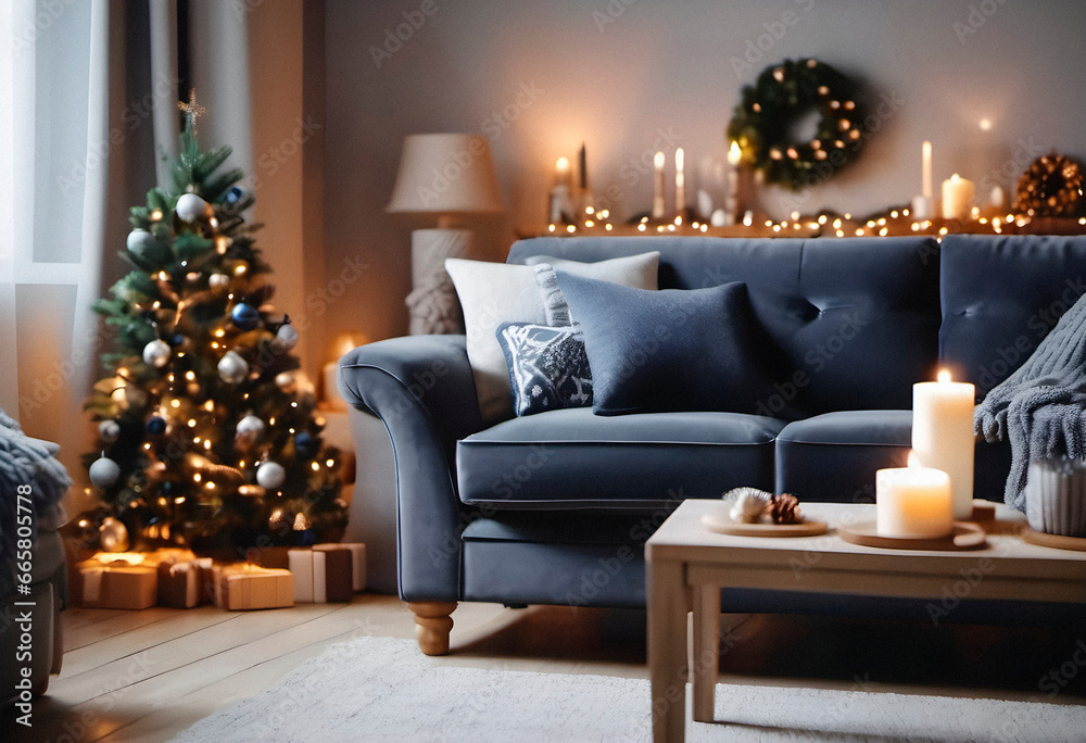 New year tree and gifts in scandinavian style interior with christmas decoration. AI generated. New year tree and gifts in scandinavian style interior with christmas decoration. AI generated.