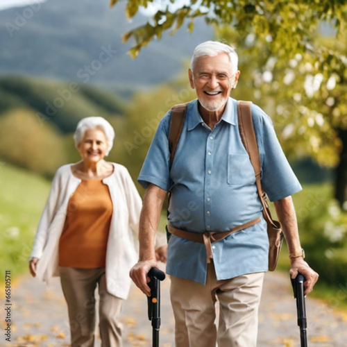 Healthy and vital  senior couple walking in the park © Lisa