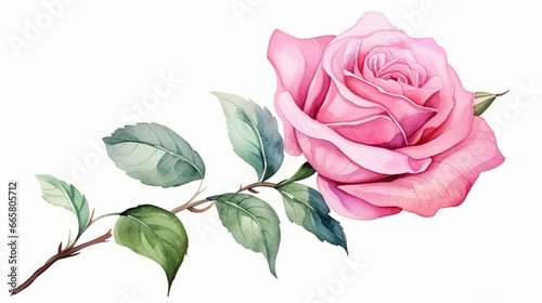 Pink rose flower with leaves spring nature blossom watercolor oaint on white background. Generated AI photo