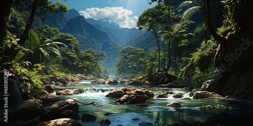 amazon rainforest with tropical vegetation  a creek runs through a mysterious jungle  a mountain stream in a lush green valley