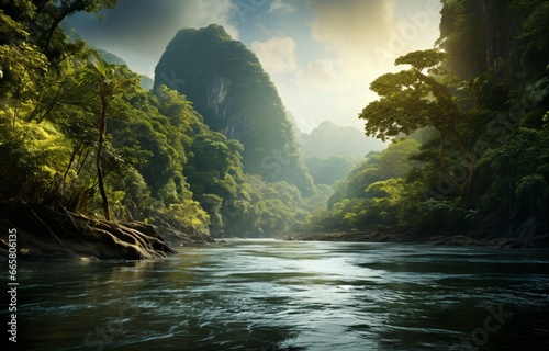 amazon rainforest with tropical vegetation, a creek runs through a mysterious jungle, a mountain stream in a lush green valley © CROCOTHERY