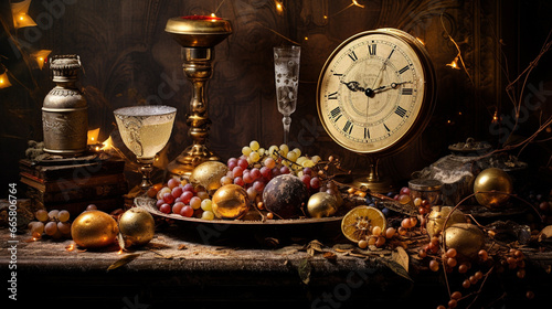 New Year's Eve, vintage still life party decoration. Generative AI