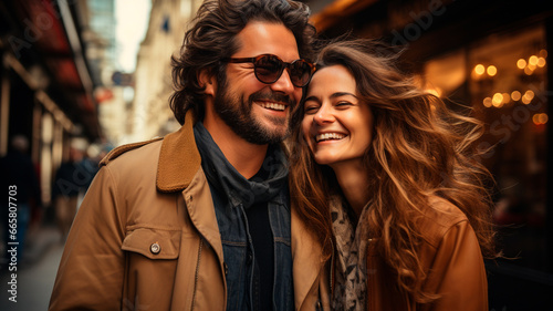 beautiful woman in sunglasses with curly hair in summer street, smiling and laughing