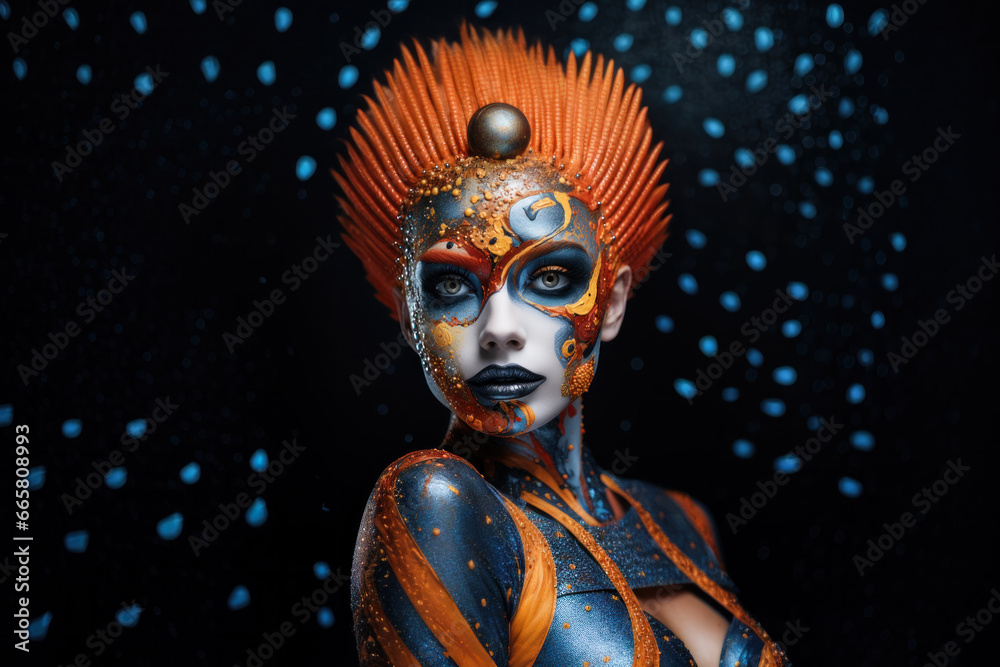 Avant-garde model posing in the studio with heavy make-up and in a scenic costume, hight fashion