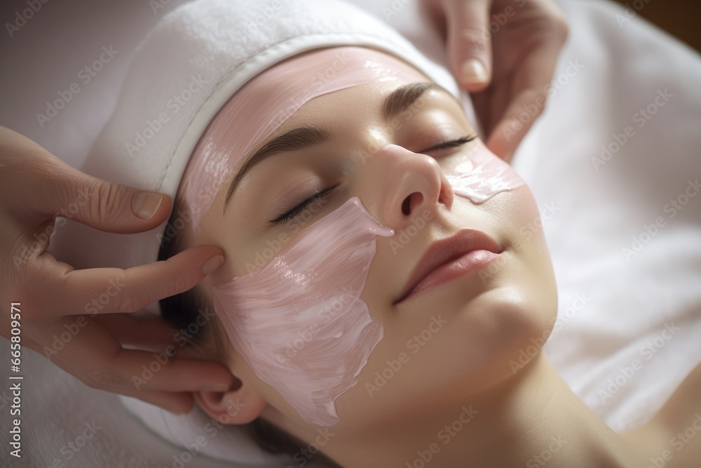 Beautiful woman having clay facial mask apply by beautician. Cosmetologist smears nutrient mask in beauty salon. Face peeling mask, face massage, spa beauty treatment, skincare. Selfcare concept