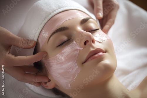 Beautiful woman having clay facial mask apply by beautician. Cosmetologist smears nutrient mask in beauty salon. Face peeling mask, face massage, spa beauty treatment, skincare. Selfcare concept