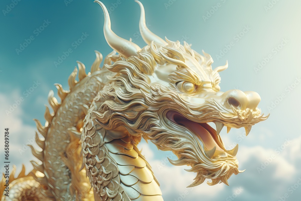 Golden Chinese dragon in the sky surrounded by clouds. The year of the dragon in China and Eastern Asia. Constellation symbol for greeting card, flyer, invitation, poster, banner, calendar. 