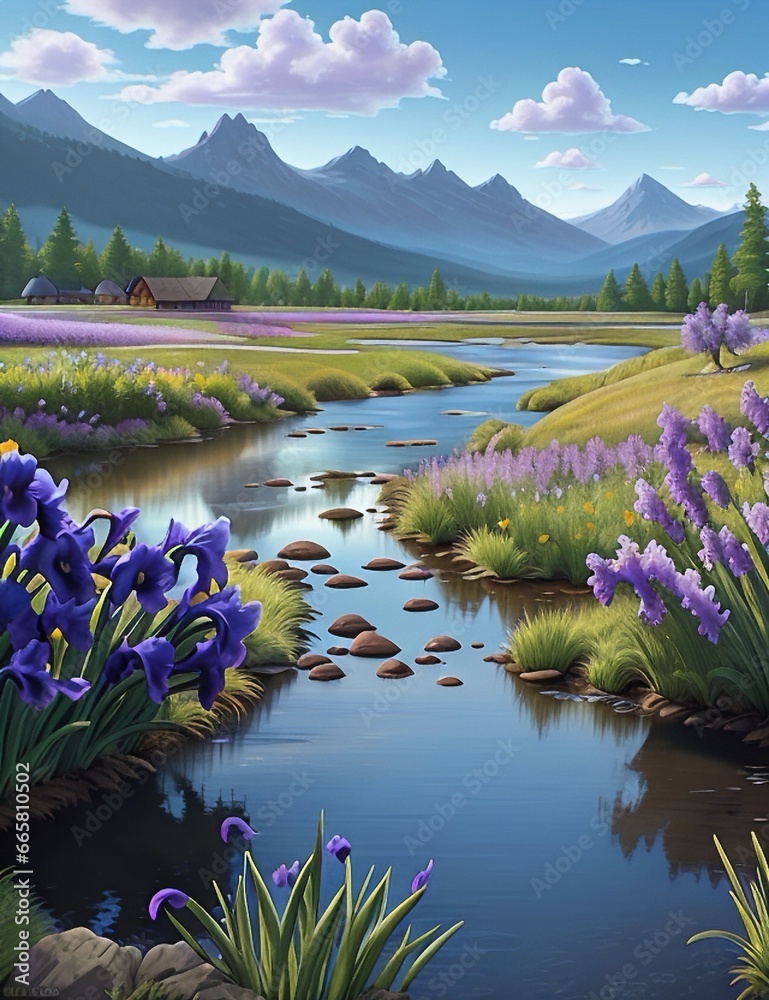 Animation style acrylic painting of breathtaking irises Animation style acrylic painting of breathtaking irises
