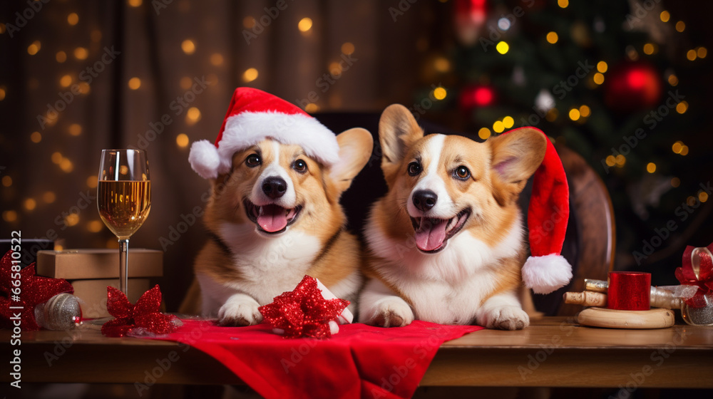 Happy New Year. Dogs in Santa hats and just holiday dogs.holiday. Generative AI