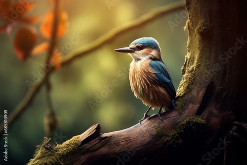 Majestic bird perched on tree bark in woodland. Generative AI