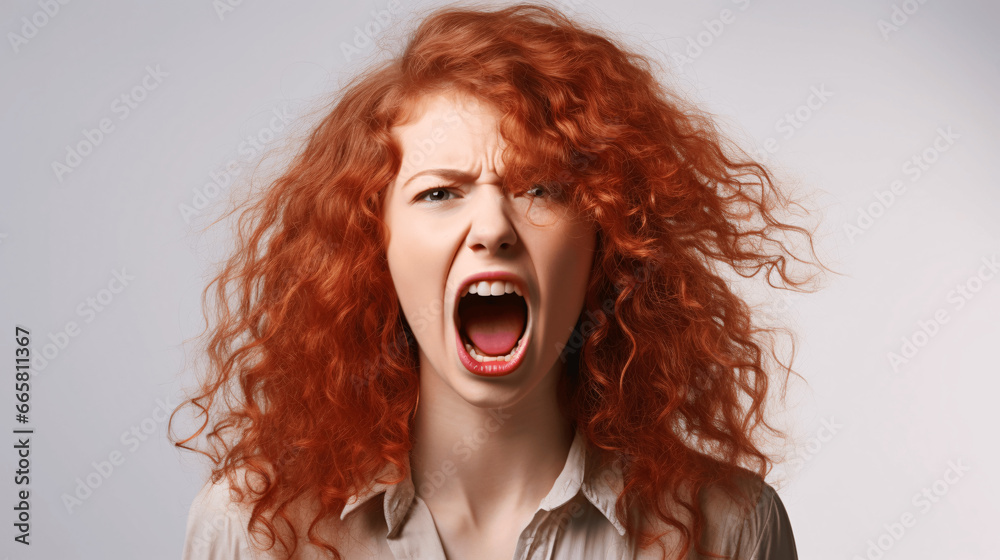 Portrait of angry red-haired woman screaming on grey background. Portrait of angry red-haired woman screaming on grey background.