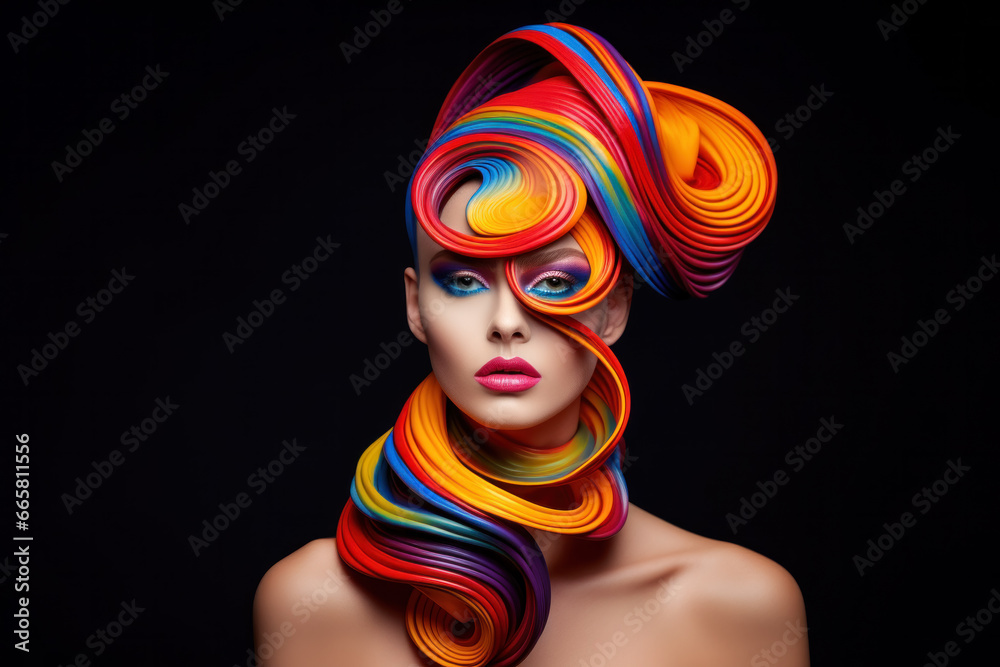 Naklejka premium Avant-garde model posing in the studio with heavy make-up and in a scenic costume, hight fashion