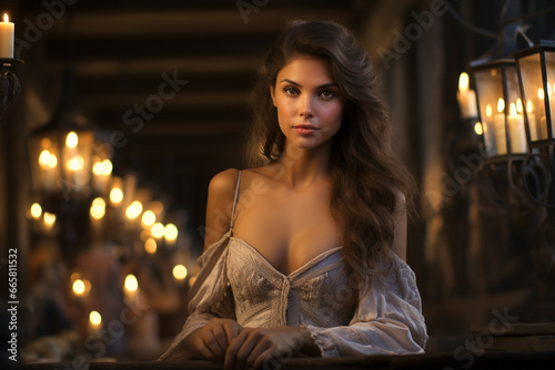 Tavern girl, girl waitress serving staff in medieval times, authentic setting design architecture, middle ages culture, portrait dim lights, bar, candles.