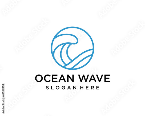 ocean wave circle with line art style logo design template