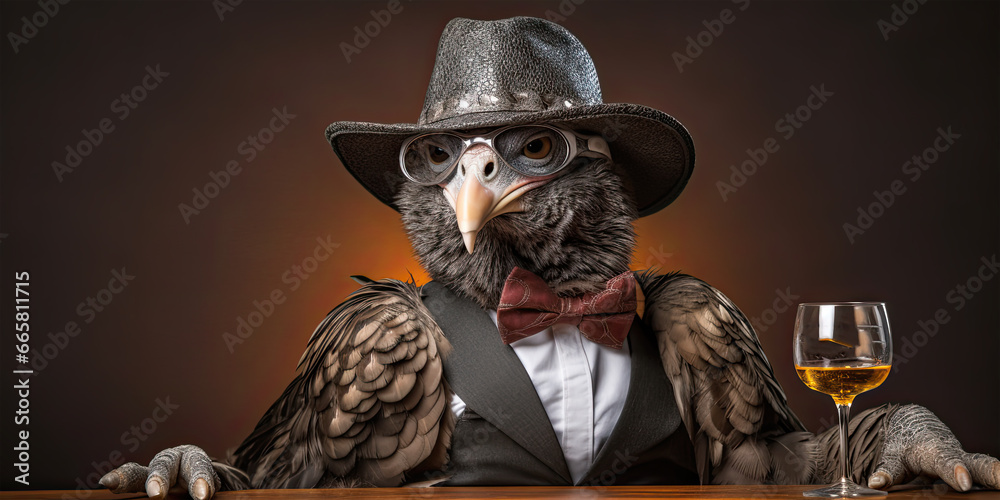 Fototapeta premium Close-Up Portrait of a Cute Wild Turkey in Sunglasses - Quirky Thanksgiving Gobbler