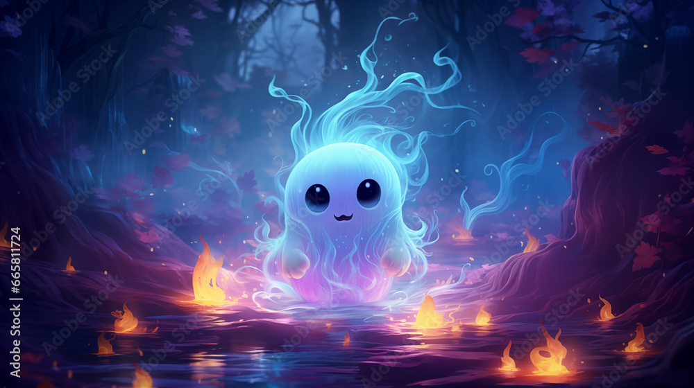 Emotional Ghost Halloween Character in a Spooky Halloween Landscape Emotional Ghost Halloween Character in a Spooky Halloween Landscape