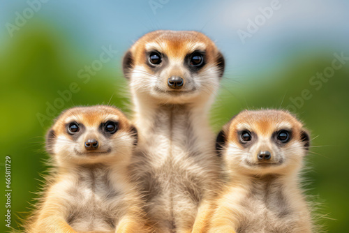 A meerkat family huddled together, each member diligently taking turns as sentinels, exemplifying their cooperative and protective behavior, a remarkable sight showcasing their survival instincts in t © Matthias