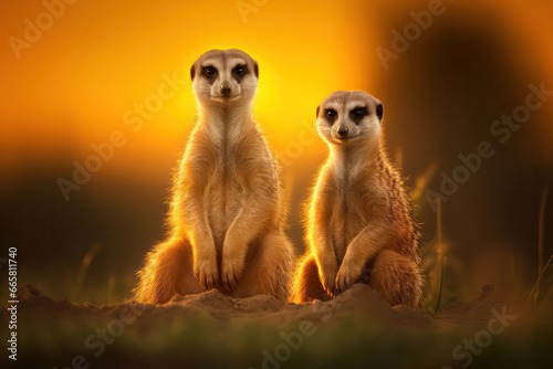 A meerkat family huddled together, each member diligently taking turns as sentinels, exemplifying their cooperative and protective behavior, a remarkable sight showcasing their survival instincts in t