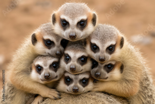 Fototapeta A meerkat family huddled together, each member diligently taking turns as sentin