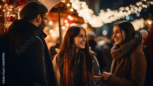 Group of friends laughing together standing in a festive christmas market, wearing cozy scarves and jackets