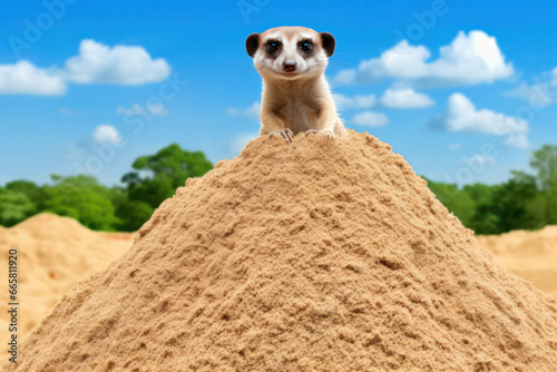 A meerkat perched on a termite mound, its keen eyes scanning for potential threats, a prime example of their resourcefulness and reliance on the savannah's ecosystem for surviva photo