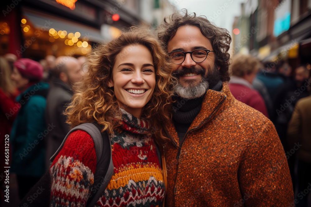 portrait of cheerful couple in knitted sweaters on crowded street with holiday lights