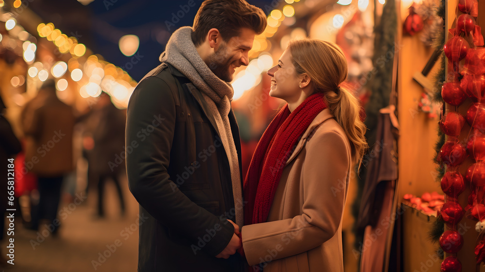 Young happy french couple standing together in a christmas market, decorative festive background