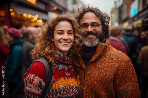 portrait of cheerful couple in knitted sweaters on crowded street with holiday lights © Olesia Bilkei