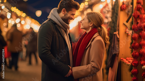 Young happy french couple standing together in a christmas market, decorative festive background