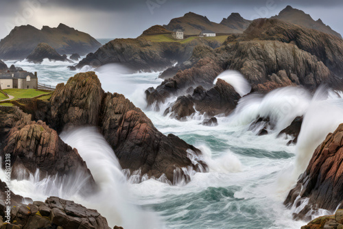 A serene rock stands alone amidst the vast expanse of the ocean, creating a sense of solitude and tranquility. The rhythmic lapping of the waves against the rock evokes a peaceful ambiance in the coas