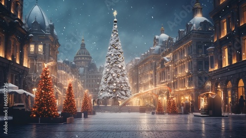 City square surrounded by historic buildings with a towering Christmas tree covered in ornaments.