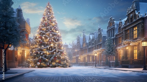 City square surrounded by historic buildings with a towering Christmas tree covered in ornaments.