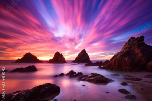 A rugged rock nestled amidst the gentle ebb and flow of the waves, harmonizing with the coastal landscape. The fusion of earth and water creates a captivating display of natural balance and tranquilit