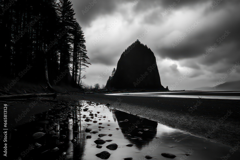 A grand rock majestically emerges from the sea, its imposing form ...