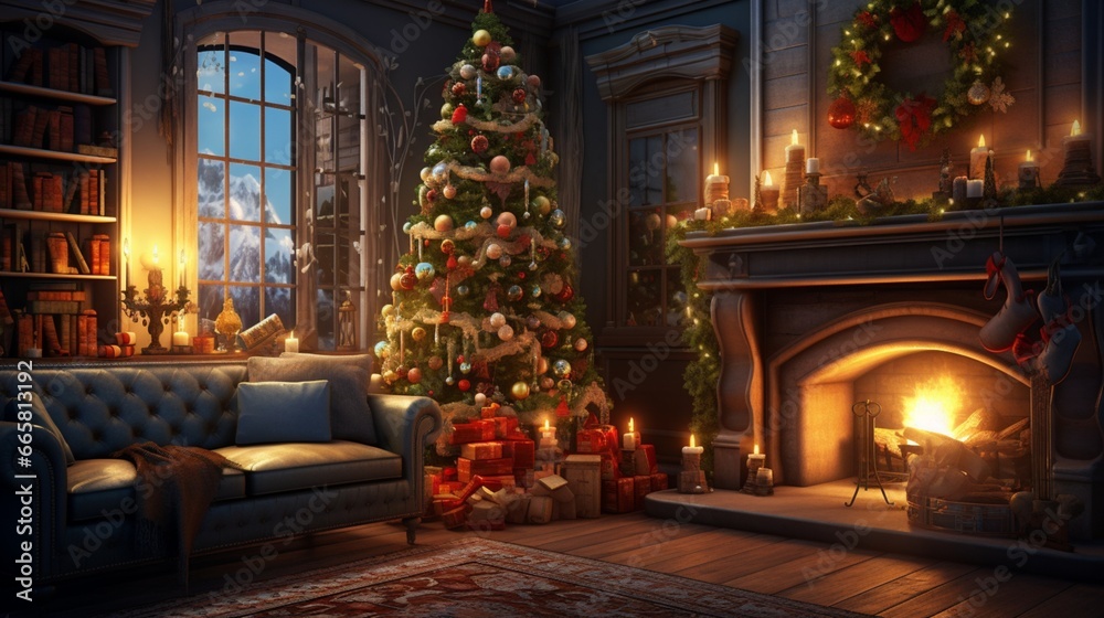 Cozy living room with a crackling fireplace, adorned in sparkling Christmas lights and a festive tree.