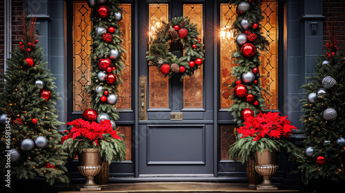 Decorated front door with christmas tree and red baubles. Selective focus