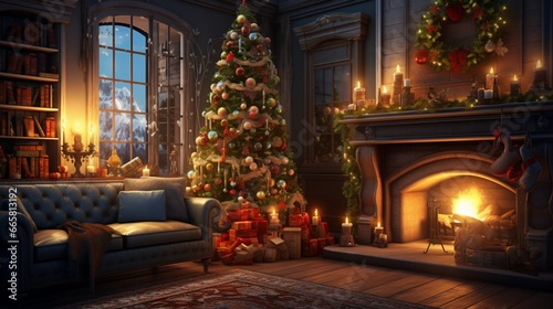 Cozy living room with a crackling fireplace, adorned in sparkling Christmas lights and a festive tree.