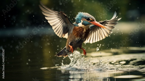 Female Kingfisher emerging from the water after an unsuccessful dive to grab a fish. 