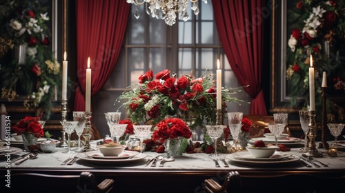 Elegant dining room featuring a Christmas feast table setting with crystal glasses and festive floral arrangements.