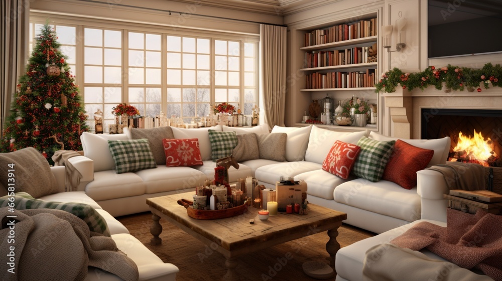 Family room with a large sectional sofa adorned with holiday throw pillows and a mantel displaying festive stockings.