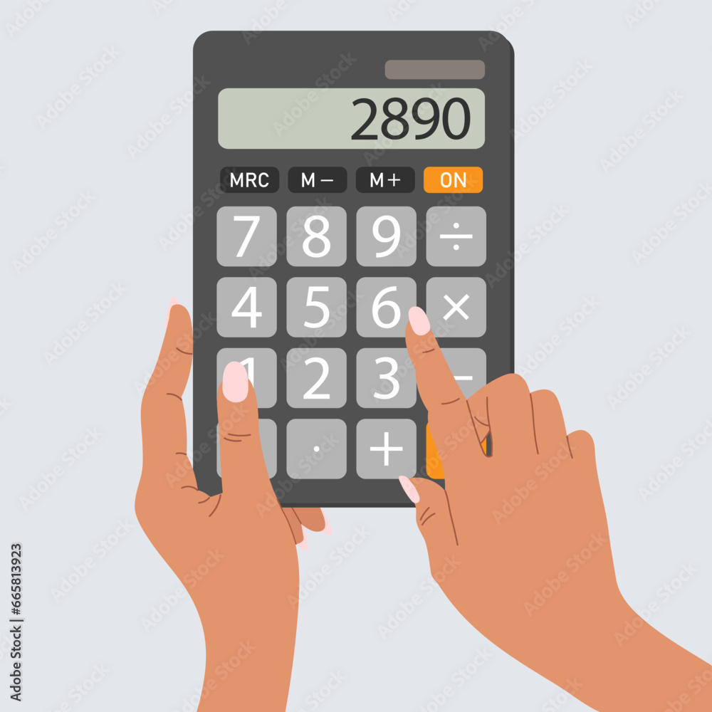 Human hands holding a realistic pocket calculator. Keyboard for business, finance, electronic calculator concept. Electronic counting device. Human hands holding a realistic pocket calculator. Keyboard for business, finance, electronic calculator concept. Electronic counting device.