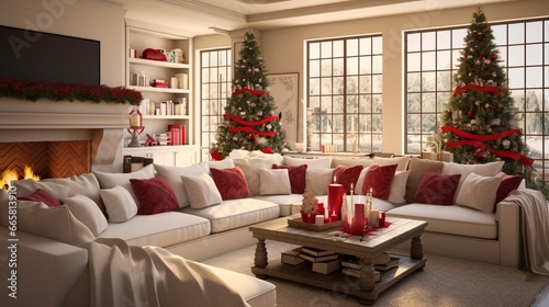 Family room with a large sectional sofa adorned with holiday throw pillows and a mantel displaying festive stockings.