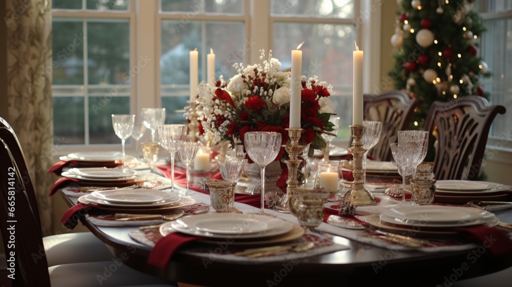 Formal dining room featuring a holiday banquet table setting with fine china, silverware, and elegant centerpieces.