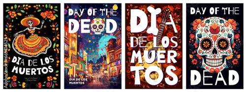 Mexican Day of the Dead poster. Latin American Dia de Los Muertos festival placard. Catrina, sugar skull, bright street and guitar. Mexico traditional holiday banner. Spanish vector design templates