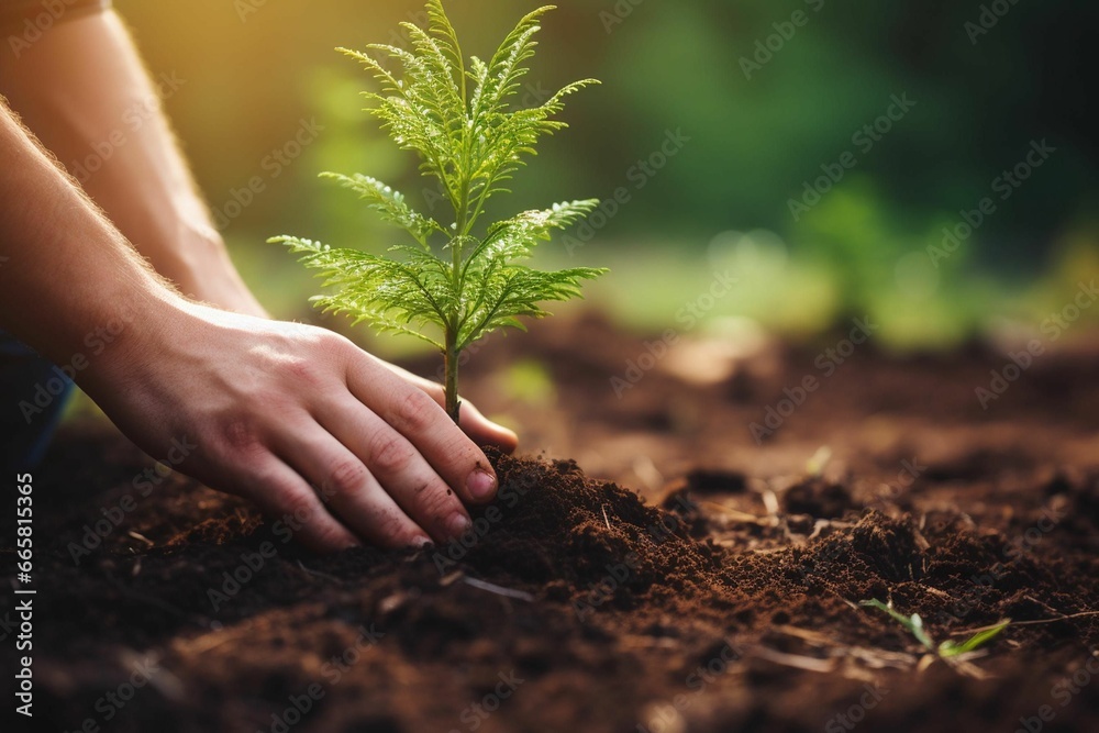 AI generated illustration of a closeup of a person cradling a newly planted tree - obrazy, fototapety, plakaty 