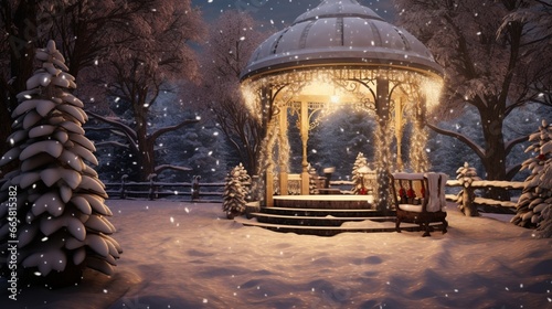 Snow-covered gazebo adorned with twinkling lights and a glimpse of Santa's sleigh.